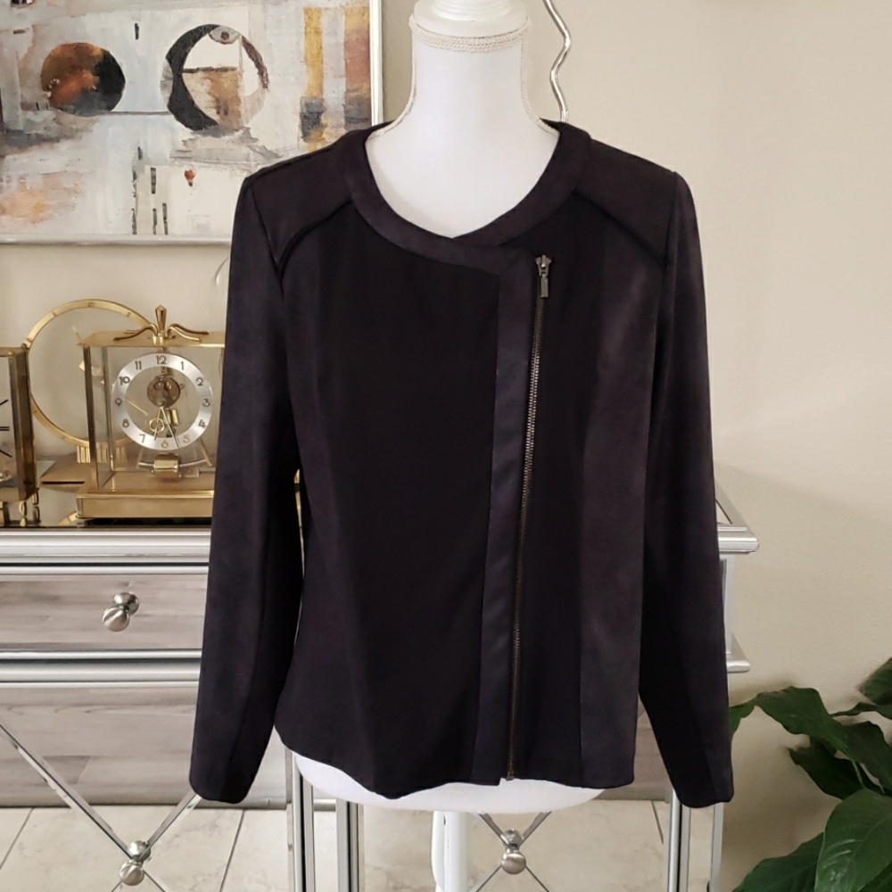 Style & Co. Faux Suede Black Leather Zip Top Jacket - Picture 3 of 5